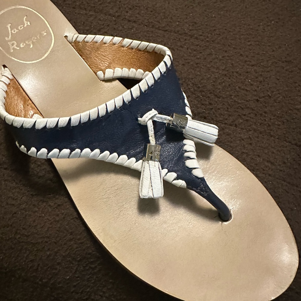 Jack Rogers blue and white leather tassel slip on